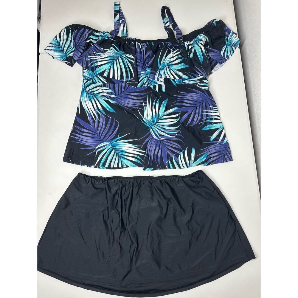 Island Escape Bohemian Tankini Set Swimsuit Floral Print Blue Black Size 20W